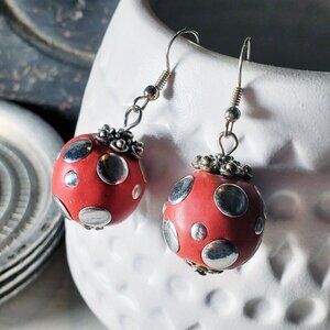 Orangish Red Tribal Ethnic Kashmiri Lac Silver Brass Dotted East India Earrings